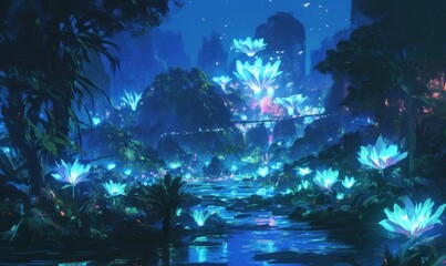 Naklejka premium Enchanted Forest with Glowing Flowers at Night
