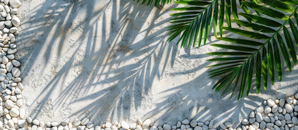 Poster copy space image of palm tree leaves casting shadows on a stone gravel concrete ground with a horizo