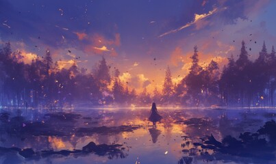 Tranquil Landscape with Sunset Reflection in Water