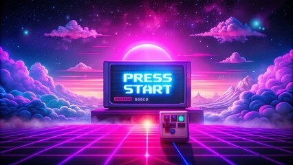 Retro 1980s Purple Game Background with Pink Clouds and Press Start Screen