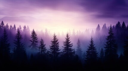 A serene twilight landscape featuring silhouettes of pine trees against a misty, purple-tinged sky.