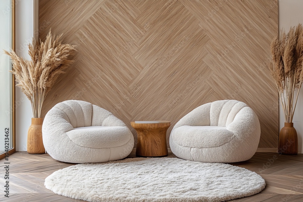 Aufkleber This serene image showcases two plush chairs and a small wooden table against a natural wood herringbone wall, creating a calm and inviting minimalist aesthetic.