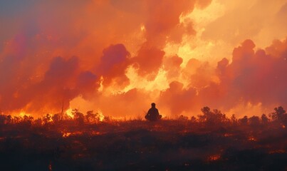 Fototapeta premium Person Meditating Amidst Intense Forest Fire Blaze