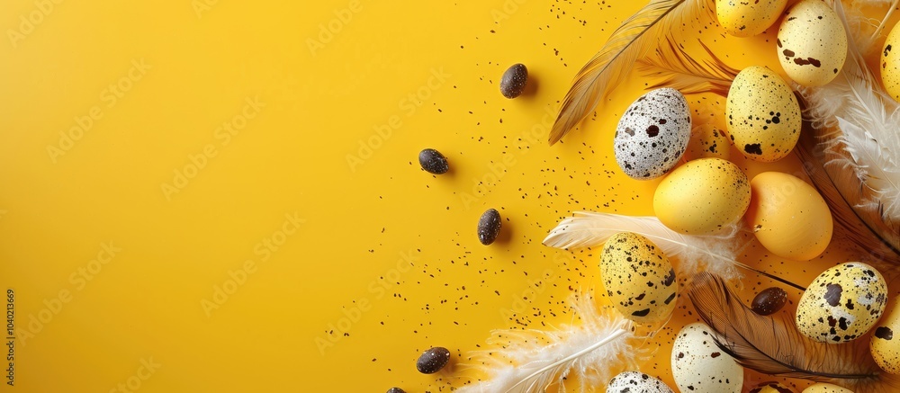 Poster yellow background with quail eggs feathers and copy space image