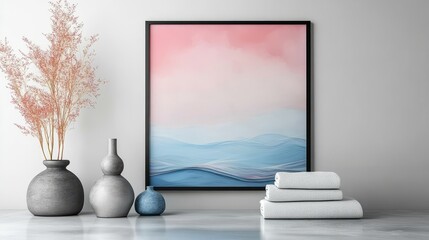 A serene abstract artwork featuring soft waves in blue and pink tones, enhancing tranquility.
