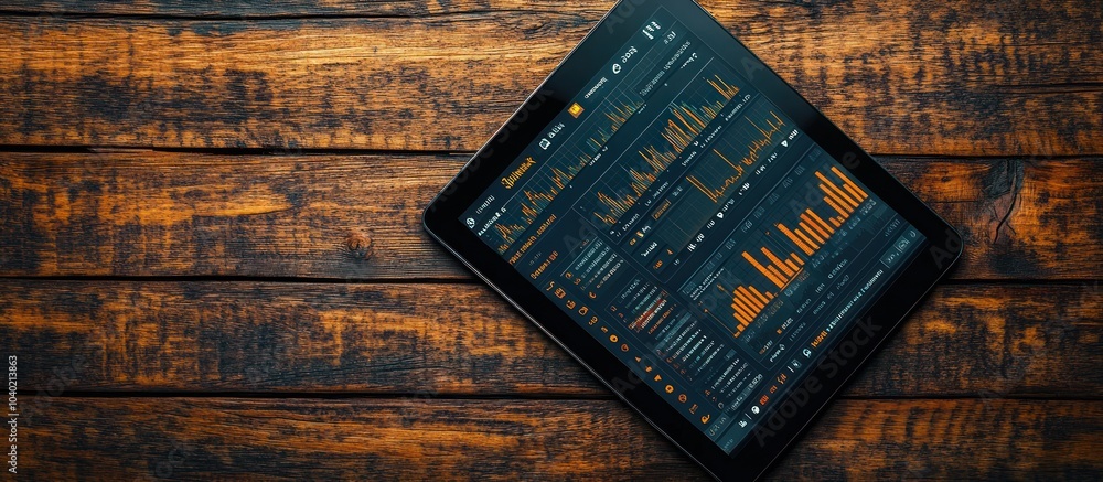 Poster tablet displaying financial data with charts and graphs on wooden table.