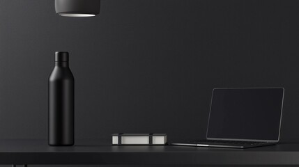 Modern Workspace Essentials - Sleek Black Thermo Water Bottle, Laptop, and Stylish Notebook on Contemporary Desk