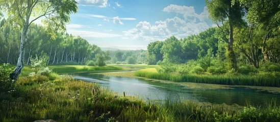Fototapeten A serene summer day outdoors with a panoramic view of a lush forest green grass and a meandering river offering a beautiful landscape with plenty of copy space image © Ilgun