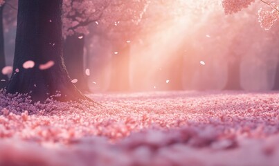 Dreamy Cherry Blossom Forest with Sunlight Rays