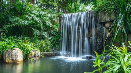 Naklejka premium Tranquil waterfall cascading into a pond surrounded by lush greenery.