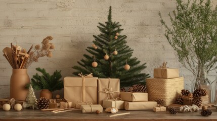 Christmas decoration with ecological gifts next to a tree