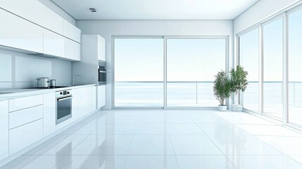Fototapeta premium Clean modern kitchen with minimalist design and plenty of space for text or branding