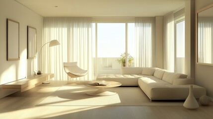 Fototapeta premium Clean modern living room with minimalist furniture and room for branding or text