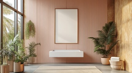 Fototapeta premium A modern bathroom with a minimalist design, featuring plants and natural light.
