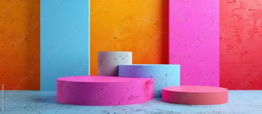 Aufkleber various podiums displayed on a colorful background perfect for product photography with ample copy s