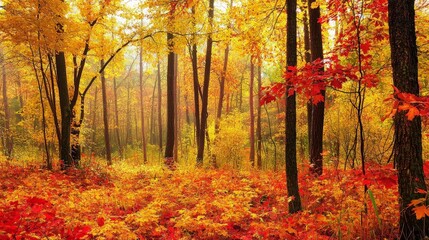 Vibrant autumn forest with golden and red foliage, sunlight filtering through trees.