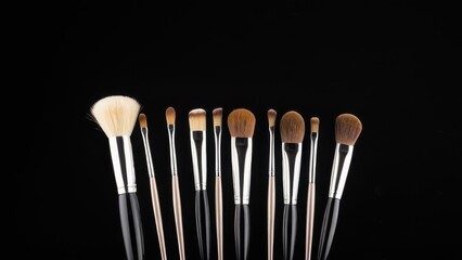 A set of eight makeup brushes with varying sizes, arranged in a row against a black background. Each brush features sleek metallic and wooden handles.