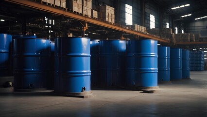 Blue painted oil barrel stored in a warehouse