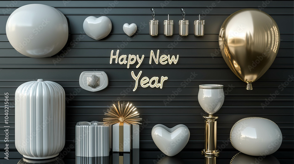 Poster demonstration of silver balloons and boxes with hearts on them. balloons and boxes are arranged in s