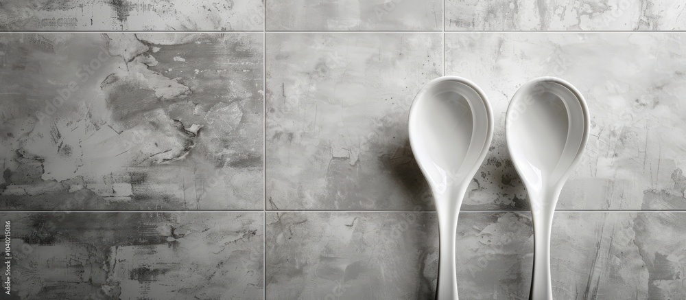 Poster top view of two ceramic spoons on a tile background with copy space image
