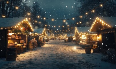 Festive Christmas Market at Night with Snowfall