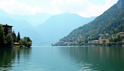  Tranquil lakeside village nestled amidst majestic mountains