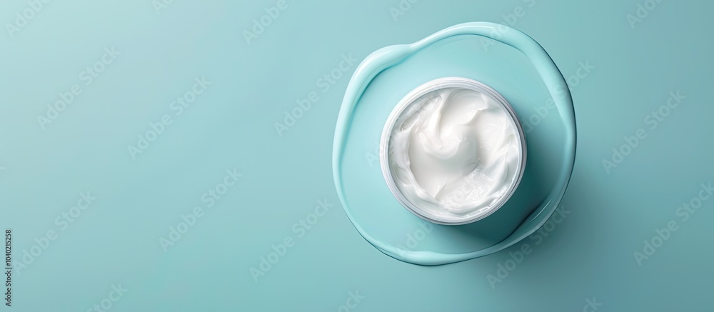 Poster top view of face cream sample on a light blue backdrop with room for text by including a copy space 