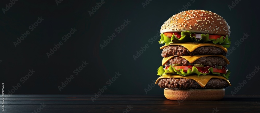 Poster triple cheddar cheese giant burger displayed with ample copy space in the image for custom text or d
