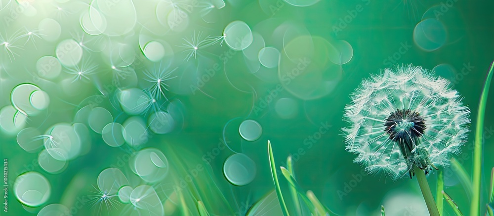Poster a macro image of a stunning dandelion flower against a lush green backdrop with space for text or ot