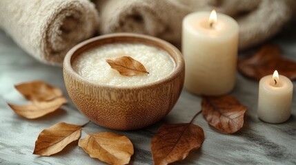 A serene spa setting featuring a bowl of rice, candles, and dried leaves for relaxation.