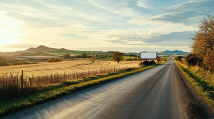 Obraz premium Outdoor billboard with a white background on the side of a rural road, with fields and distant hills. Scenic countryside location for advertisements --chaos