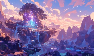 Surreal Floating Island at Sunset with Magical Tree