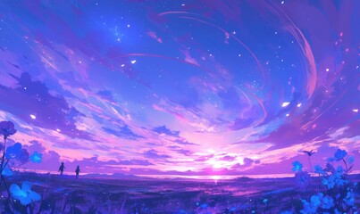 Fototapeta premium Dreamy Sunset Sky Over Blossoming Field