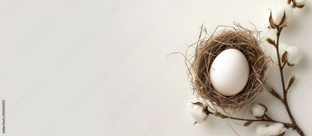 Poster top view image of a chicken egg on a cotton branch in a nest against a white background with copy sp