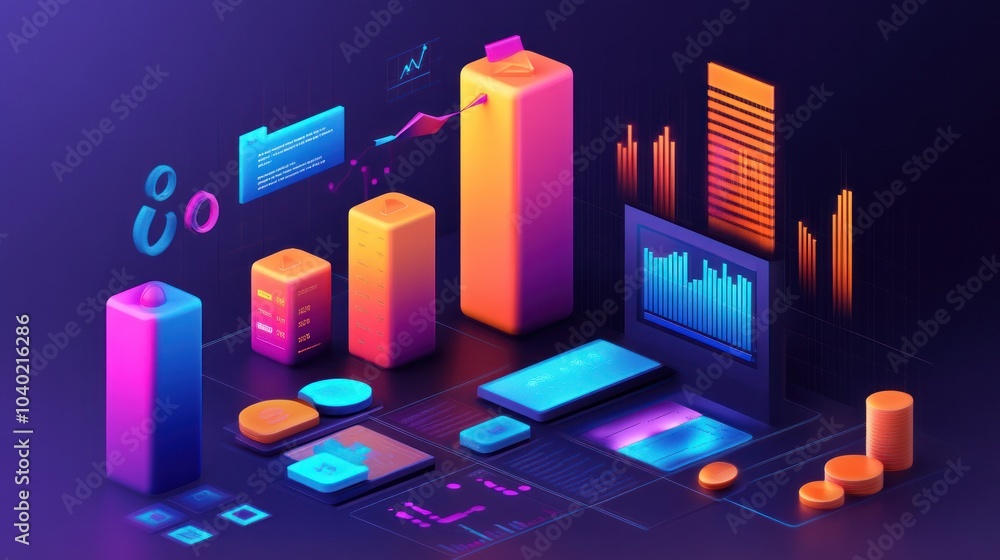 Poster virtual dashboard in 3d, featuring business analytics and financial growth metrics