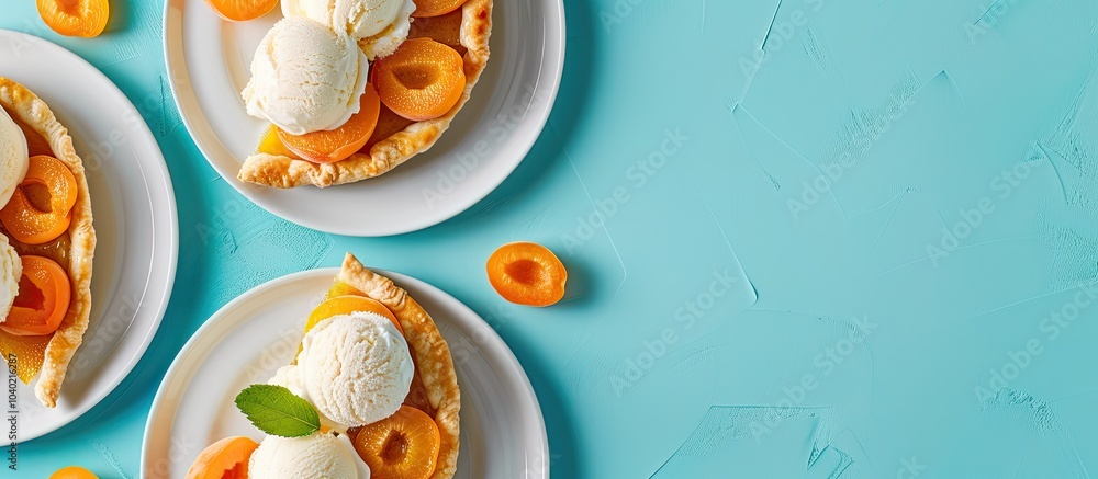 Poster summer fruit dessert apricot galette slices topped with ice cream on plates displayed against a blue