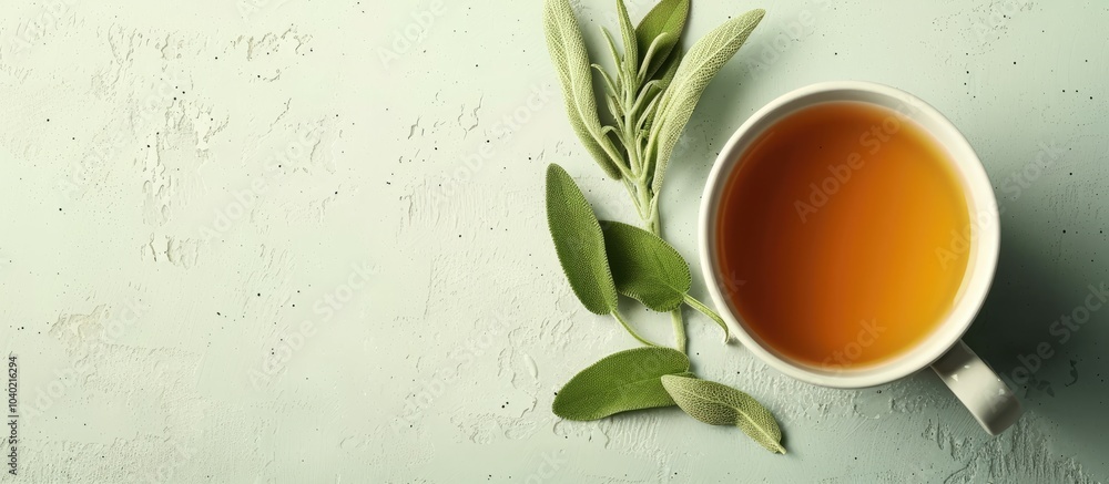 Poster view from above of a mug on a bright table containing sage infused herbal tea suitable for adding te