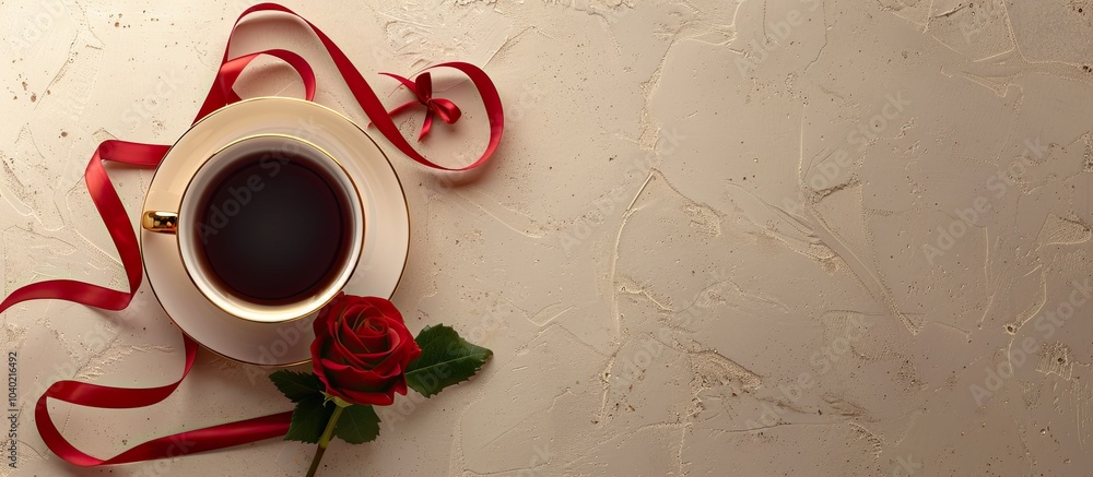 Poster top down view of a cup of coffee adorned with a red rose and ribbon on a beige surface the compositi