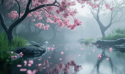 Tranquil Cherry Blossoms Over Misty River