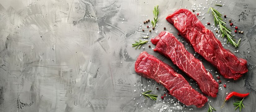 Top view of organic raw beef blade flat iron meat on a gray background with copy space for text in the image