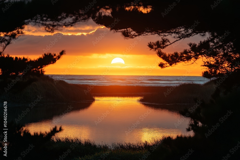 Poster a golden sun sets over a calming waterway, casting a warm glow on the water, framed by silhouetted b