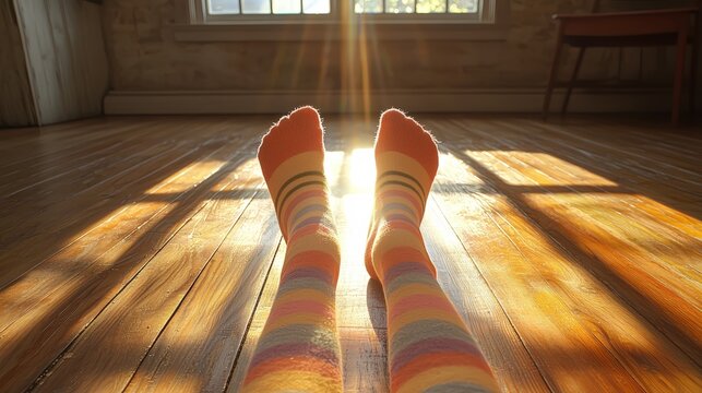 Striped socks feet wooden setting cozy morning Sock Day