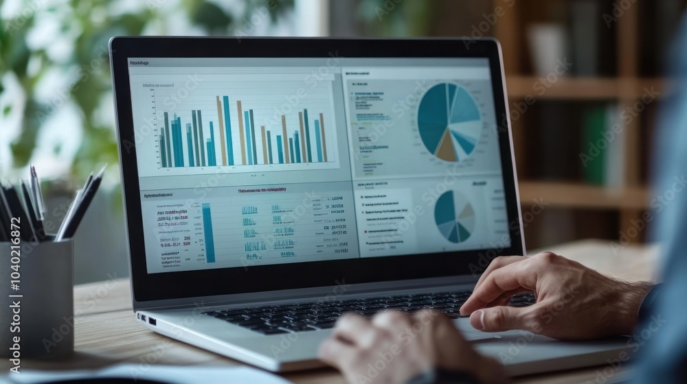 Poster virtual dashboard technology showing business analytics, big data metrics, and financial forecasting