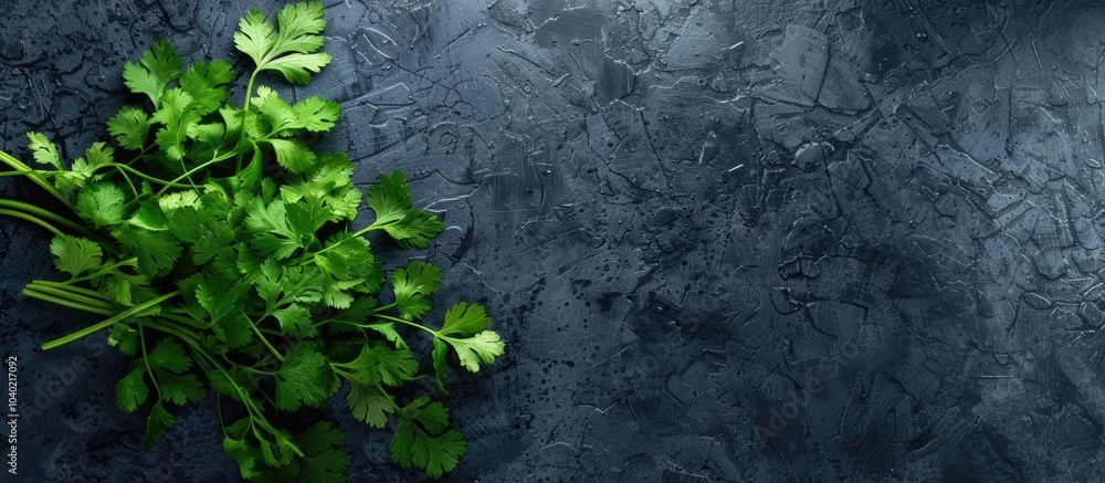 Poster coriander placed on a textured dark surface captured from above with open space for text or design e