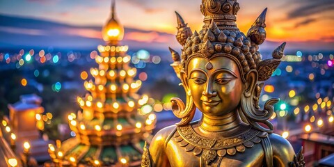 Fototapeta premium Revered Four-Faced Brahma Statue at Bang Yai Temple, Nonthaburi, Thailand - Bokeh Effect