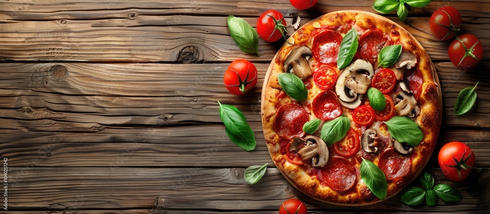 Poster top view of a delectable pizza featuring salami tomatoes mushrooms and basil on a wooden surface ide