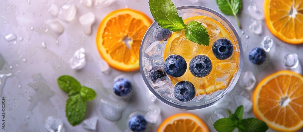 Poster top view of a frozen glass with a refreshing beverage featuring natural ice blueberries and orange s