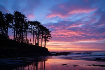 A stunning sunset view at the beach, featuring a lineup of tall silhouetted trees contrasted against a vibrant sky full of pink and purple hues.