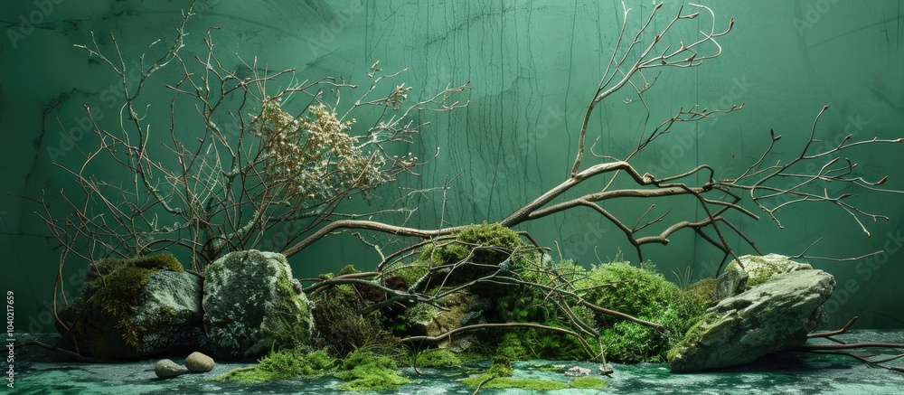 Poster green backdrop showcasing moss stones and dry branches creating an abstract natural setting with spa