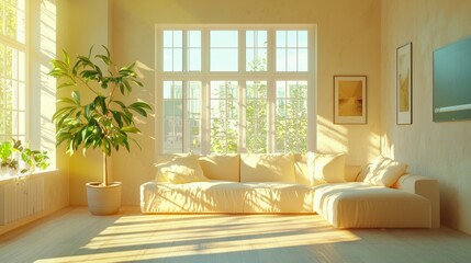 A living room with a white couch and a potted plant